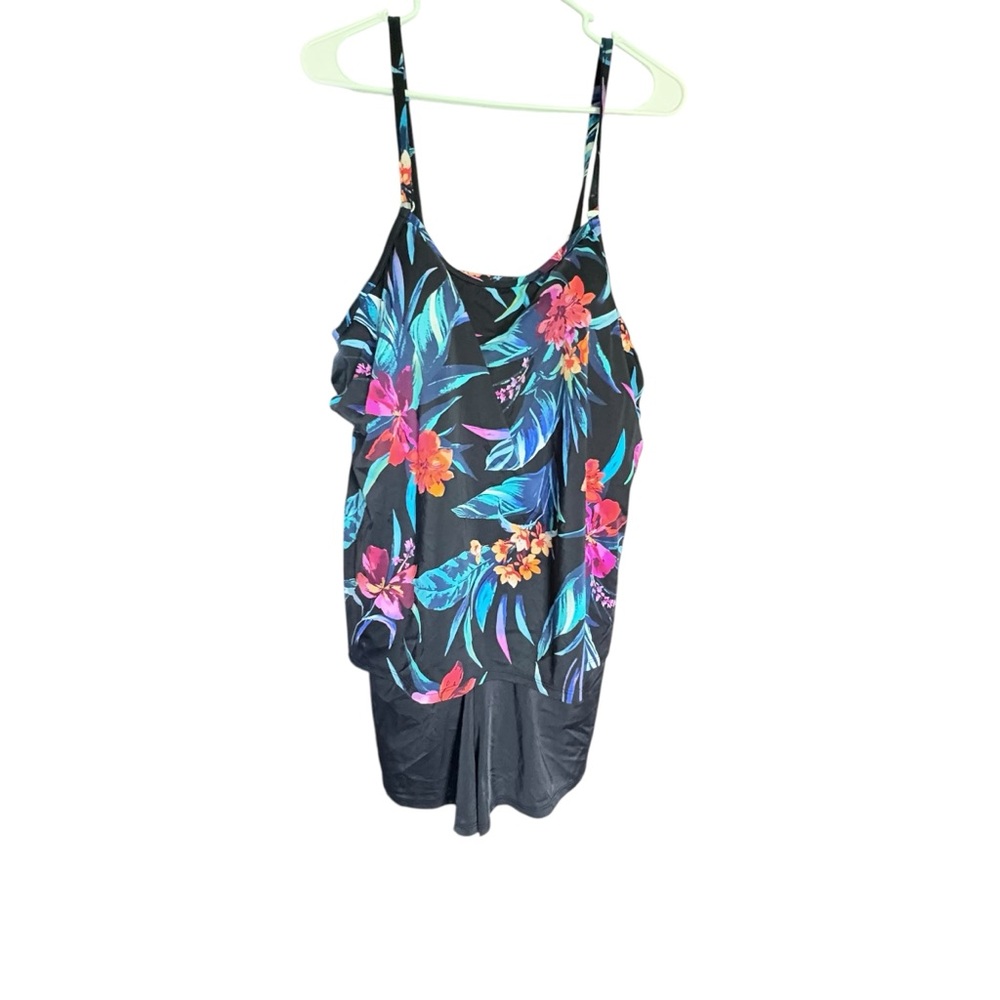 Trimshaper Plus BlackTropical Floral Print  Swim Suit Sz 3X